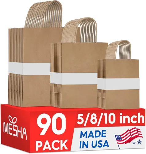 Miniatura 32 de Bolsas de papel blanco MESHA con asas 10x5x13 pulgadas, paquete de 50, grandes bolsas de regalo de papel kraft con asas a granel para pequeñas