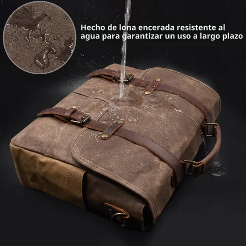 Miniatura 2 de Bolso mensajero para hombre de 15.6 pulgadas, impermeable, de cuero auténtico, encerado, maletín de lona grande, bolso de hombro de cuero resistente