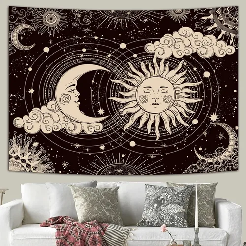 Miniatura 4 de Wonrizon Tapiz de Sol y Luna, Estético Negro Oscuro Tapices Espirituales Místico Sol Ardiente con Nubes Estrella Decoración Colgante de Pared
