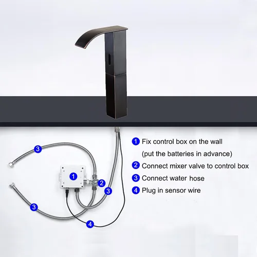 Miniatura 8 de Grifo de lavabo de baño sin contacto con sensor automático, color negro mate, grifo de lavabo, manos libres, cascada con caja de control y mezclador