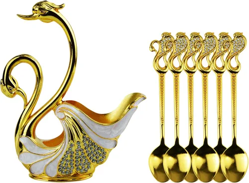 Miniatura 8 de Juego de cucharas con base de cisne dorado, cubiertos decorativos de cisne con 6 cucharas, cucharas de café, organizador para postres, helado