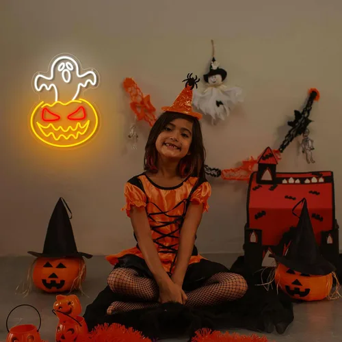 Miniatura 6 de Letrero de neón de calabaza fantasma de Halloween, cara de fantasma, luz de neón espeluznante de calabaza de neón, letreros LED regulables