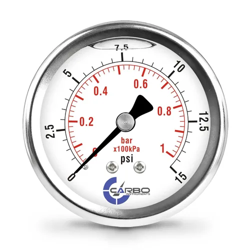 Miniatura 24 de 2 1-2" Medidor de presión, carcasa de acero inoxidable, conexión de latón cromado, llenado de líquido, 0-4000 psi/kPa, montaje trasero 1/4" NPT