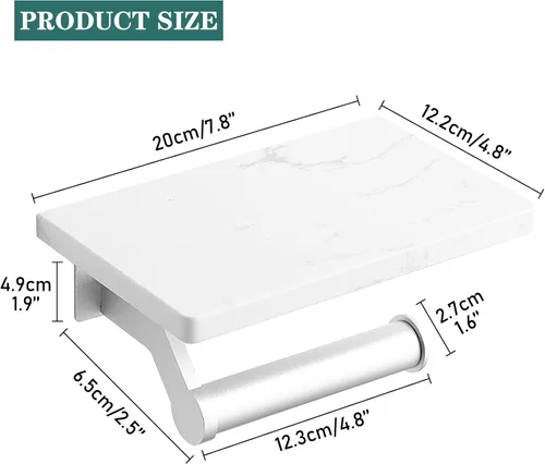 Miniatura 5 de Soporte de papel higiénico de aluminio plateado cepillado Hoimpro con estante de mármol natural blanco, soporte de almacenamiento de rollo de papel
