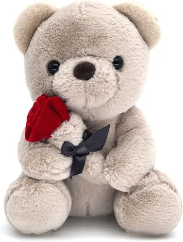 HWD Oso de peluche de 9.8 pulgadas con rosa, muñeca de felpa suave, juguetes de peluche, regalos para ella/novia, amante, mamá, niños pequeños (gris)