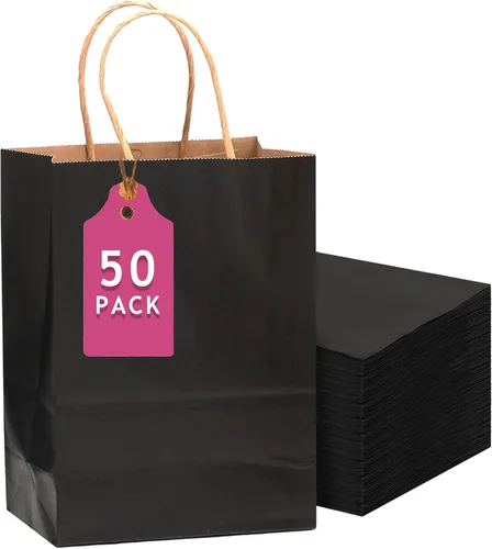 qiqee Paquete de 50 bolsas de regalo de papel negro con asas a granel 13"x10.3"x4.6" bolsas de favor para fiestas de tamaño grande múltiples usos
