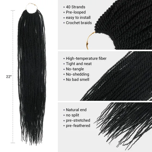 Miniatura 3 de AU-THEN-TIC Cabello senegalés con trenzas de ganchillo de 22 pulgadas, 6 paquetes de 40 mechones por paquete, extensiones de cabello de ganchillo