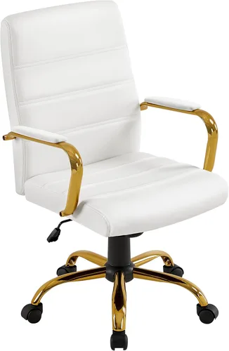 Miniatura 10 de Yaheetech Silla de Oficina de Respaldo Medio de Cuero PU Silla de Escritorio Ejecutiva Ajustable con Soporte Lumbar Patas Doradas Asiento Negro
