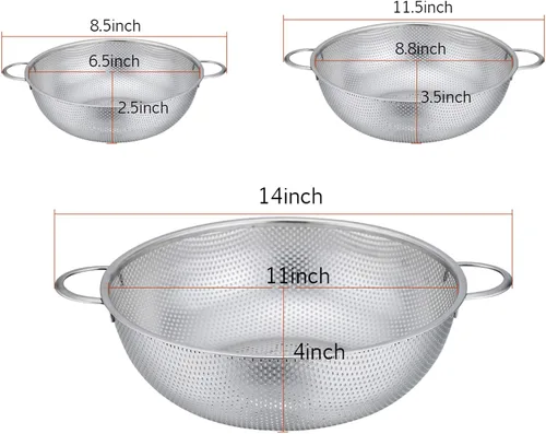 Miniatura 5 de P&P CHEF Colador de 3 coladores microperforados de acero inoxidable para drenar y enjuagar, ideal para pasta, verduras, frutas, resistente y apto