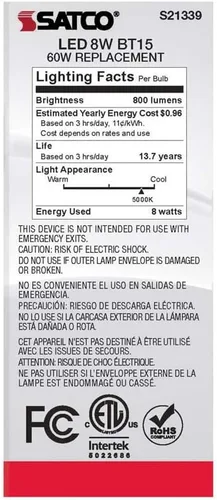 Miniatura 6 de Satco S21339 BT15 - Bombilla LED de filamento de 8 W, 120 V, acabado blanco, luz diurna de 5000 K, 800 lúmenes, base media E26, regulable, ubicación