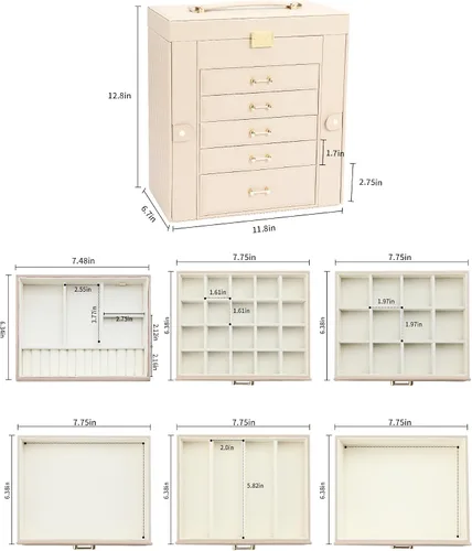Miniatura 6 de Caja de almacenamiento de joyas, organizador de joyas con 22 ganchos para collares, caja de joyería grande para anillos, pulseras, collares, aretes