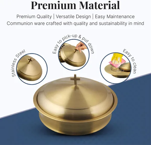 Miniatura 3 de Communion Ware - Bandeja para servir vino santo con tapa y un plato de pan apilable con tapa, acero inoxidable (latón/dorado)