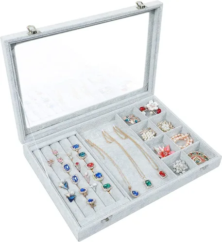 STYLIFING Tapa transparente 3 en 1, bandeja de joyería, aretes, collar, caja de almacenamiento, soporte apilable, exhibición de terciopelo de hielo,