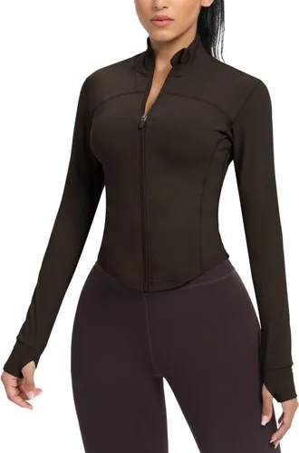 Miniatura 34 de AVGO Chaquetas de entrenamiento recortadas para mujer, con cremallera, ajustadas, atléticas, con agujeros para el pulgar