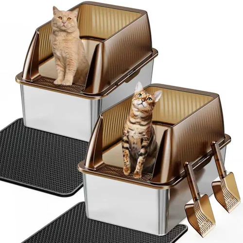 Tripamin Caja de arena para gatos de acero inoxidable XL de 15 pulgadas, lados altos XXL de acero inoxidable con tapa, caja de arena de metal
