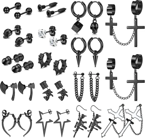 FIBO STEEL Juego de 16 pares de aretes de acero inoxidable Y2K punk góticos emo góticos frescos cruzados hacha de cráneo tornillo de cono aretes