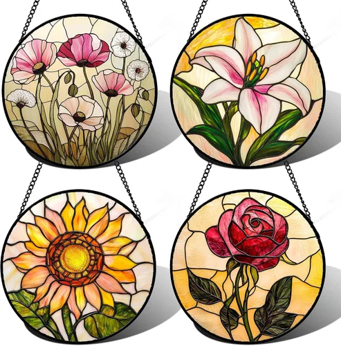 Miniatura 9 de Juego de 4 piezas para colgar vidrieras, rosas rojas, girasoles amarillos, 6.3 pulgadas, atrapasoles de flores, puerta de jardín, decoración