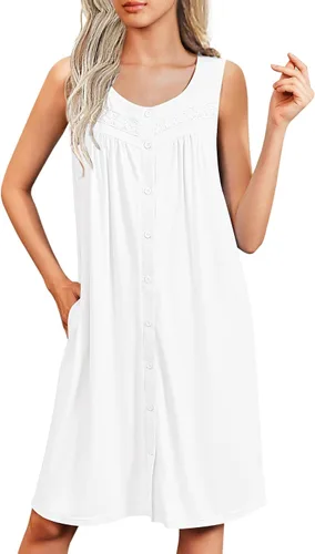 Miniatura 19 de Ekouaer Camisones para mujer, con botones, sin mangas, suave, con bolsillos, tallas S-XXXL
