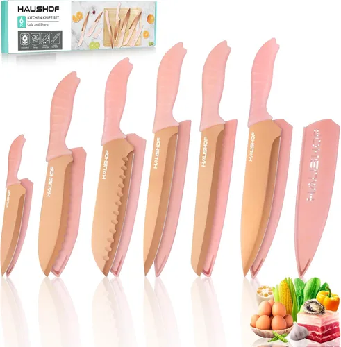 Miniatura 11 de HAUSHOF Juego de cuchillos de cocina, juego de 12 cuchillos coloridos con 6 fundas para cocina, cuchillas de acero inoxidable con revestimiento