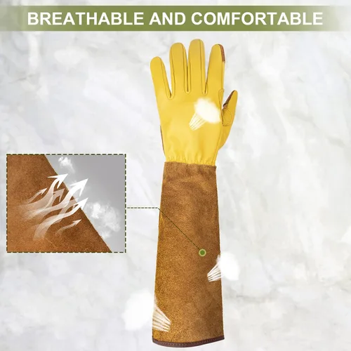 Miniatura 5 de Guantes largos de jardinería para mujeres, a prueba de espinas, guantes de cuero de vaquilla para poda de rosas, para cactus, rosas y moras