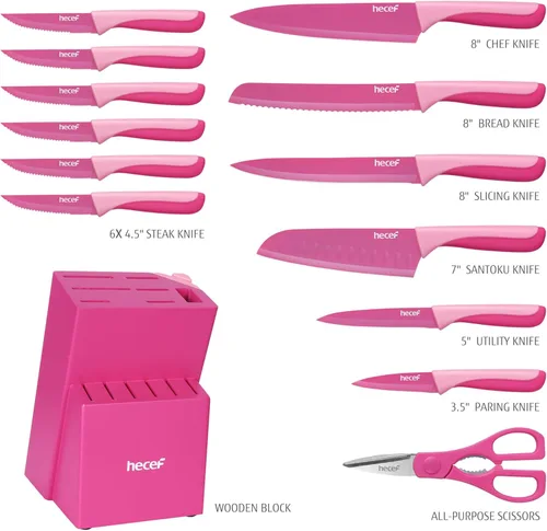 Miniatura 2 de hecef Juego de cuchillos de cocina de 15 piezas con bloque de madera con afilador integrado, apto para lavavajillas, juego de bloques de cuchillos