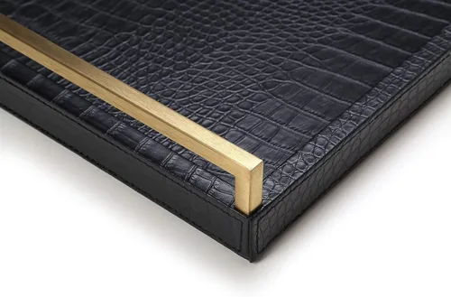 Miniatura 5 de Bandeja otomana de cuero de 17.8 x 11.8 pulgadas, bandeja grande para servir con asas doradas cepilladas para bares, fiestas, comedor, bandeja