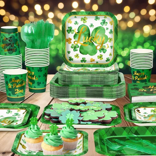 Miniatura 6 de Juego de vajilla de 200 piezas para fiesta del Día de San Patricio, juego de vajilla de trébol verde para 25 invitados, a cuadros, trébol