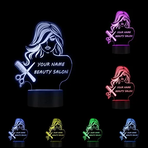 Miniatura 2 de The Geeky Days Salón de belleza 3D LED noche luz peluquería peluquería tijeras peine mesa escritorio lámpara nombre personalizado diseño moderno