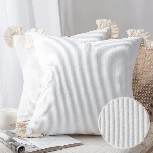 Miniatura 9 de Phantoscope Paquete de 2 fundas de almohada de pana suave para Halloween y otoño, decorativas de terciopelo a rayas con borlas de algodón, fundas