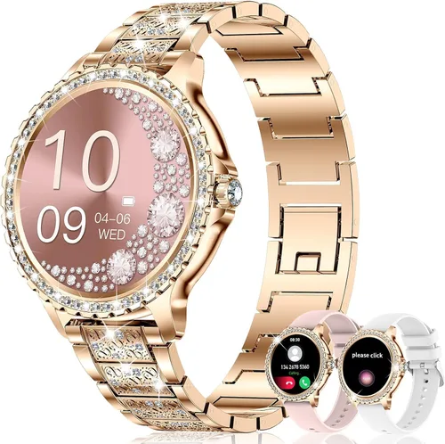 Relojes Inteligentes para Mujeres (Hacer/Contestar Llamadas) con Diamante: 1.32" Reloj Rastreador de Fitness para FC/Presión Arterial/SpO2/Monitor