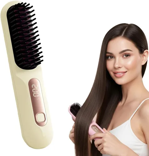 Miniatura 9 de Cepillo alisador portátil para viajes, mini cepillo alisador de pelo inalámbrico con pantalla LCD de temperatura, cepillo de pelo recargable USB