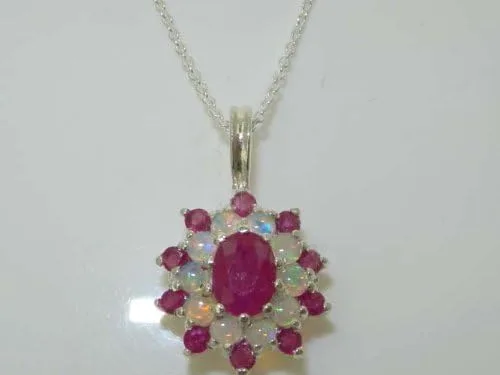 Miniatura 3 de Ladies Solid 925 Sterling Silver Ornate Large Natural Ruby & Opal Large Cluster Pendant Necklace