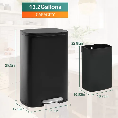 Miniatura 7 de PayLessHere Cubo de basura de acero inoxidable a prueba de huellas dactilares con cubo interior extraíble y tapas con bisagras, cubo de basura