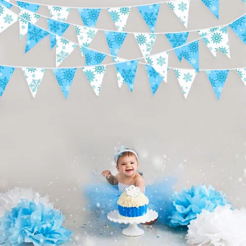 Miniatura 6 de Pancarta de copos de nieve azules y blancos de 32 pies, bandera triangular, banderines de tela para invierno, país de las maravillas, Navidad, Azul