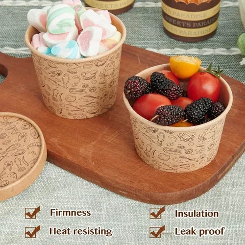 Miniatura 6 de LITOPAK Paquete de 50 recipientes de papel de 12 onzas con tapas ventiladas, vasos de papel kraft para alimentos, recipientes de sopa con tapas