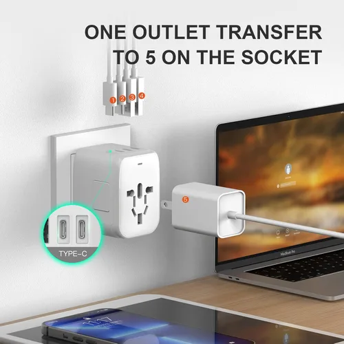Miniatura 2 de VYLEE Adaptador de enchufe de viaje universal internacional, adaptador de enchufe de viaje europeo 5 en 1 con 3.5A, 2xUSB-A y 2xUSB C cargador