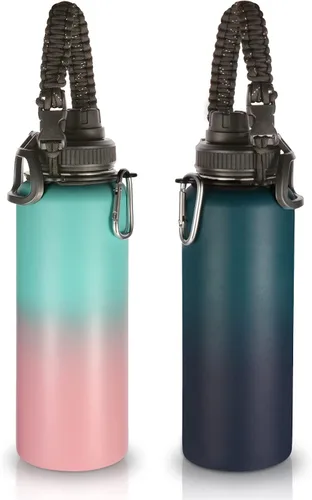 Miniatura 15 de Volhoply Botellas de agua aisladas en paquete de 2, 40 onzas, botella deportiva de acero inoxidable con asa de paracord y tapa con boquilla, taza