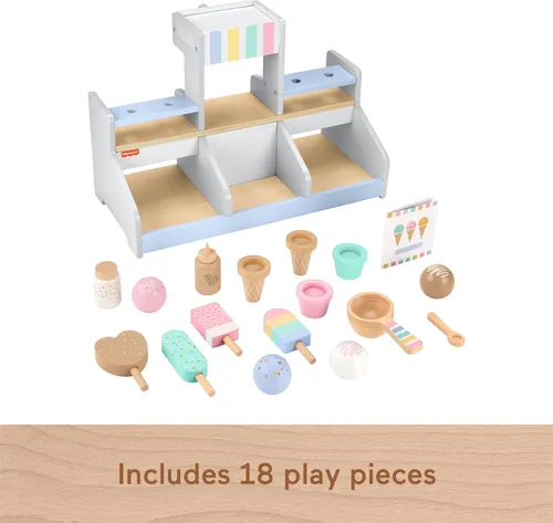 Miniatura 5 de Fisher-Price Juego de simulación de tienda de helados de madera, juego de alimentos de madera de 18 piezas para niños preescolares de 3+ años