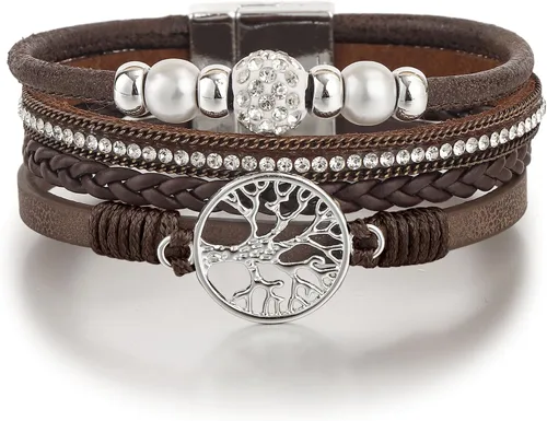 Miniatura 10 de Edoneery - Pulsera envolvente de cuero para mujer, brazalete de puño de múltiples capas hecho a mano estilo bohemio con cuentas de cristal