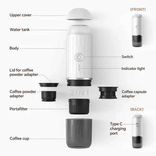 Miniatura 5 de Máquina de café espresso eléctrica portátil compatible con cápsula Nespresso, cafetera de viaje para acampar con café molido, cafetera de auto Blanco
