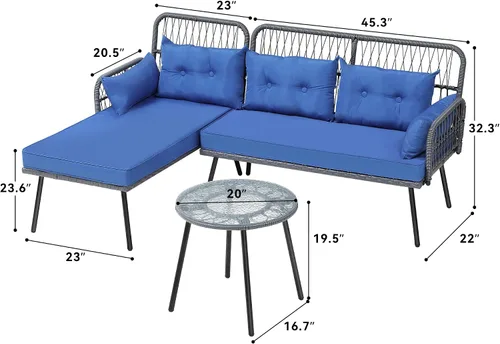 Miniatura 7 de YITAHOME Muebles de patio en forma de L para exteriores, juego de sofá seccional para patio trasero, porche con cojines gruesos, tumbona gris + azul