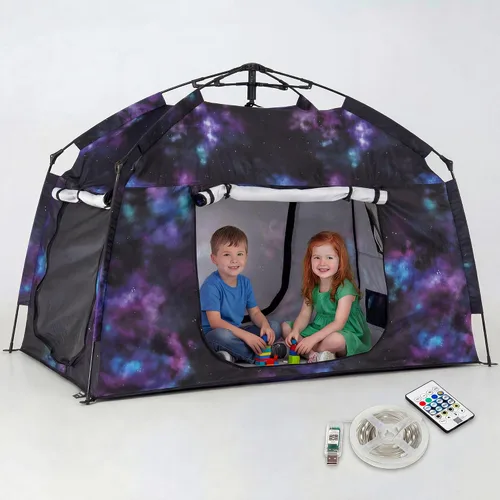 Miniatura 11 de Casa de juegos para niños fácil de instalar con bonita tira de luces LED y 3 aberturas grandes, carpa de juego portátil para niños y habitación