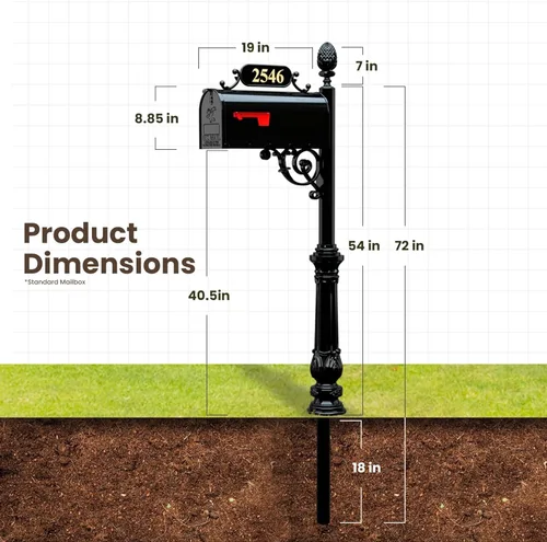 Miniatura 4 de Charleston sistema de buzón y poste – Buzón negro resistente a la oxidación – Incluye placa de dirección, números, pergamino y accesorios de montaje