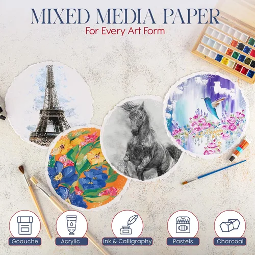 Miniatura 6 de Wanderings Papel Grueso Hecho a Mano en Forma de Círculo para Acuarela con Borde Envejecido - 300GSM - Papel Premium Blanco Prensado en Frío