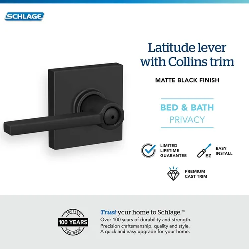 Miniatura 4 de Schlage F40 LAT 622 COL Latitude - Manija de puerta con moldura Collins, cerradura de privacidad para dormitorio y baño, negro mate