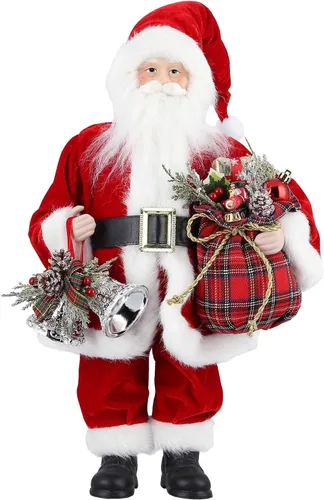 Miniatura 9 de AGM Figura decorativa navideña de Papá Noel de 12 pulgadas con bolsa de regalos y 2 campanas para fiestas navideñas y decoración del hogar