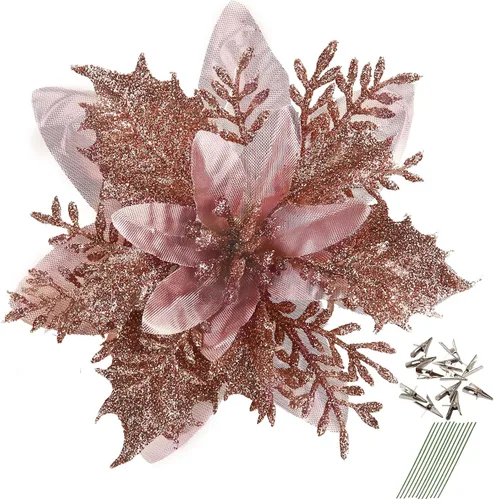 Miniatura 7 de GREENTIME 12 flores de pascua artificiales con purpurina de 5.5 pulgadas, tallos de Navidad, adornos para árbol de Navidad para fiesta de Año Nuevo