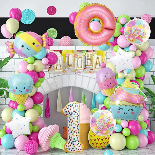 Miniatura 5 de 10 globos de helado, globos de papel de aluminio Mylar con número de dona de caramelo, temática de helado, suministros de fiesta de primer cumpleaños