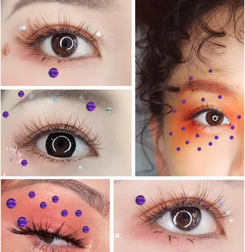 Miniatura 5 de 1799 piezas 4 hojas de pegatinas de diamantes de imitación 3/4/5/6 mm autoadhesivas para maquillaje de cara, ojos, cabello y cuerpo púrpura