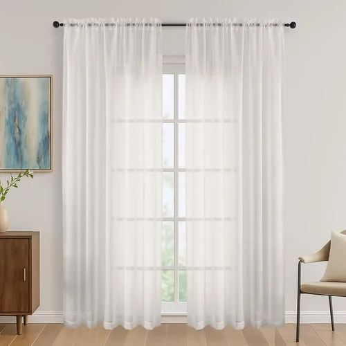 Miniatura 198 de OVZME - Cortinas traslúcidas blancas de 45 pulgadas de largo, 2 paneles, cortinas de gasa con bolsillo para barra para ventanas pequeñas, cada una
